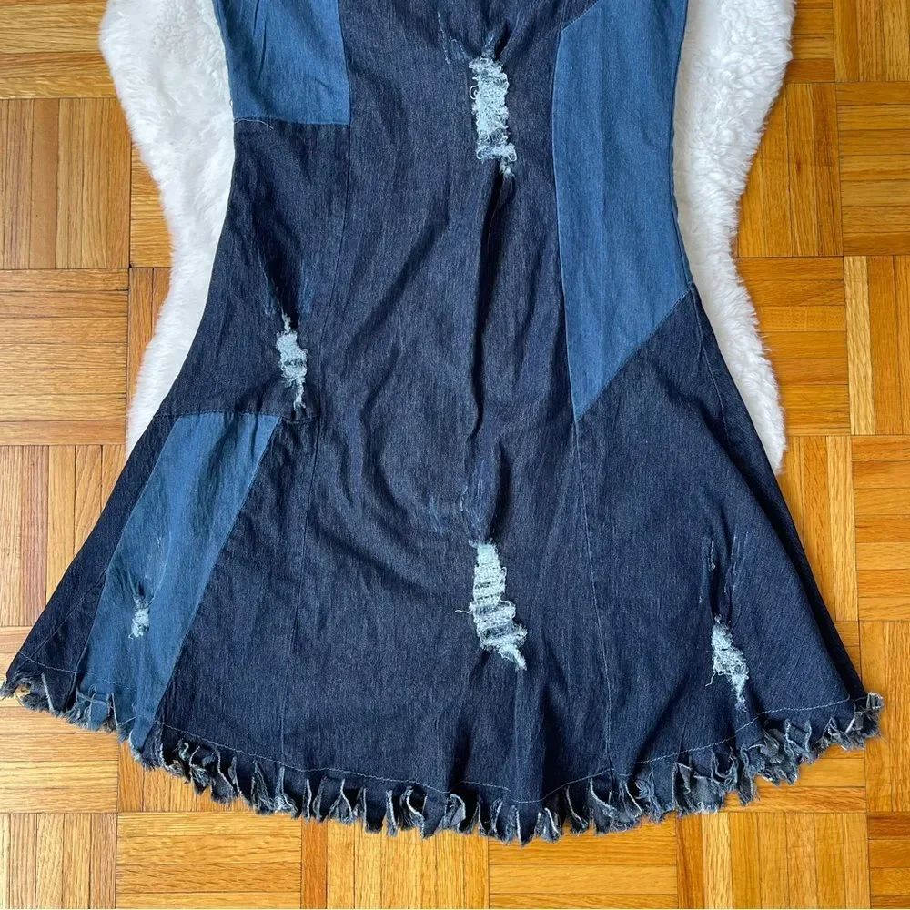 TOUCH ME Patchwork Distressed Denim Jean‎ Maxi Skirt Size large